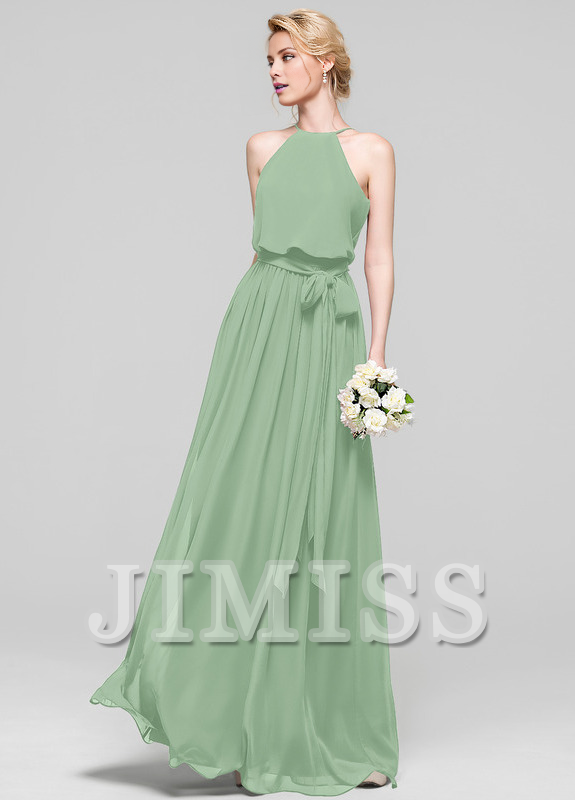 A-line low round neck bow floor mopping chiffon bridesmaid dress