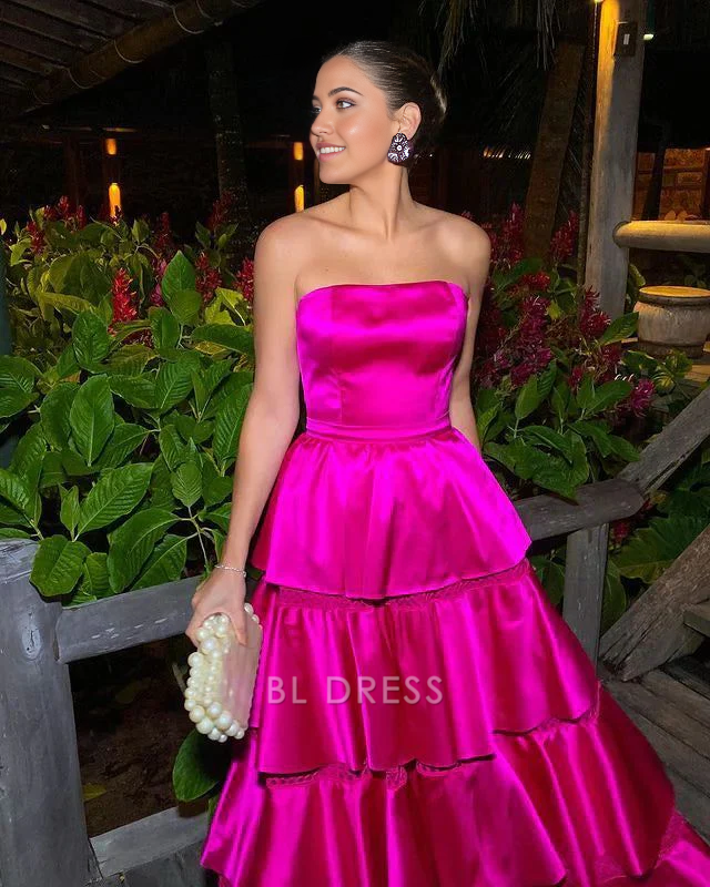 A Line Tiered Beautiful Strapless Satin Hot Pink formal dresses Bridesmaid Dresses evening gown Prom Dress