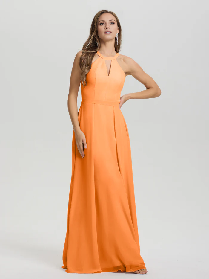 A-line keyhole collar sleeveless chiffon and floor length bridesmaid dress