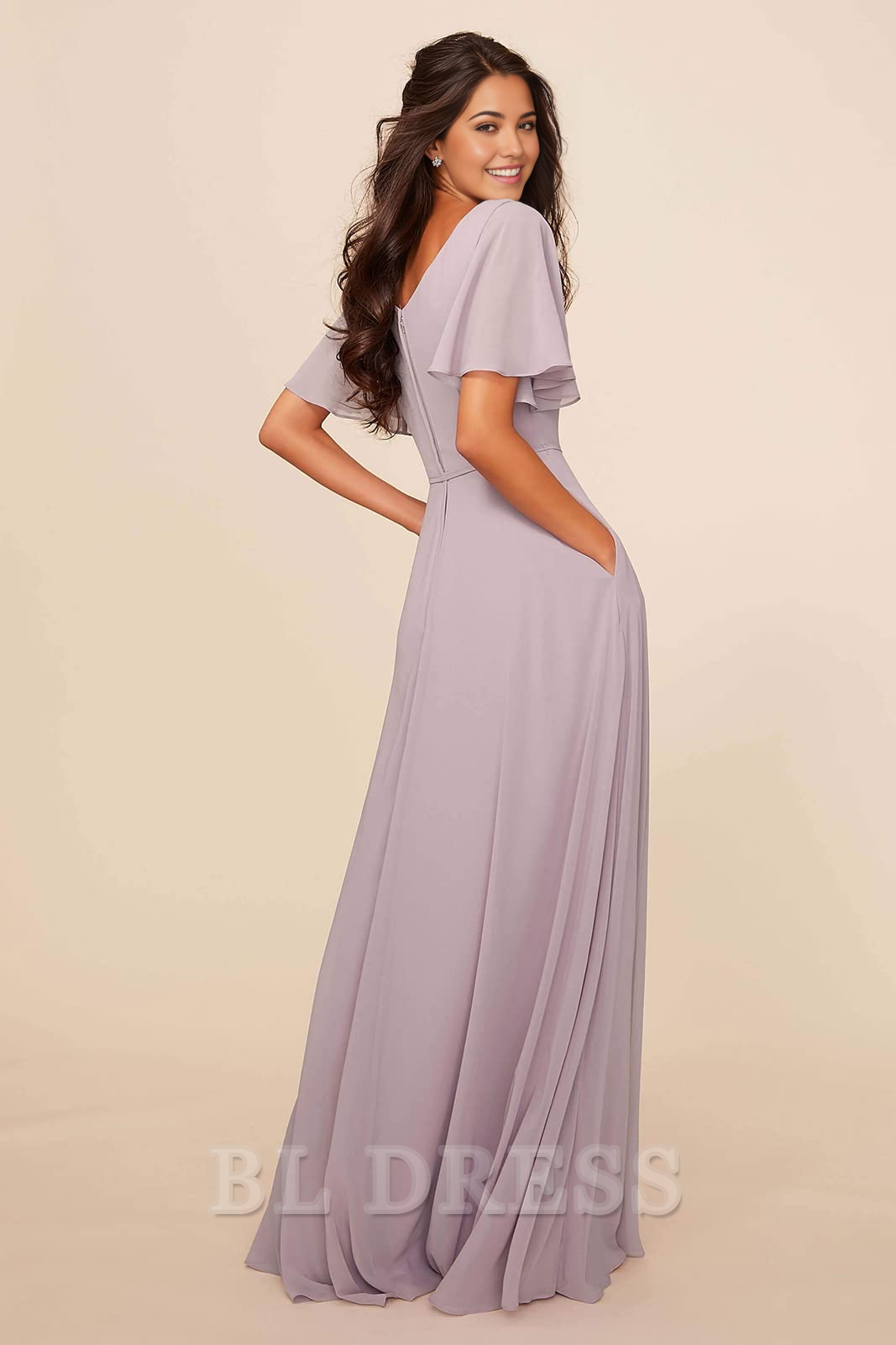 A-line Crew Neck Chiffon formal dresses Bridesmaid Dresses evening gown Prom Dress with Pockets Sash
