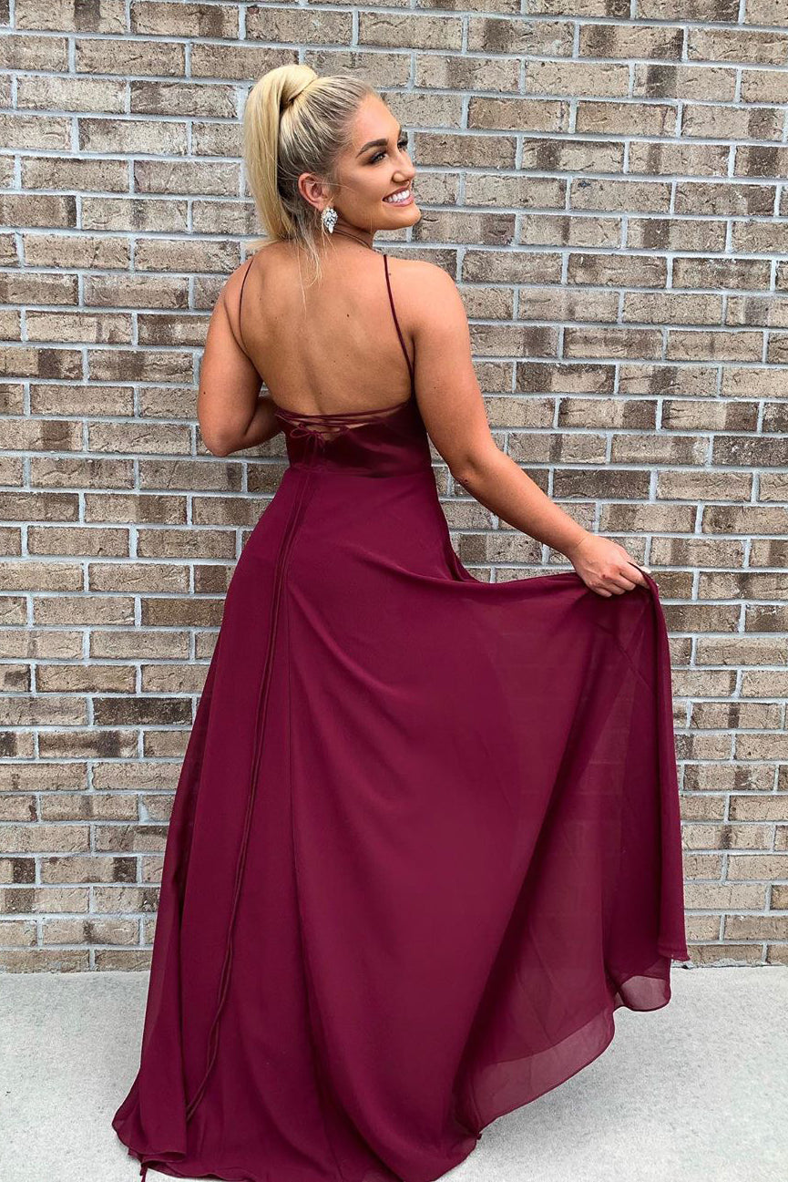 A-Line Burgundy Long Bridesmaid Dress with Tie Back