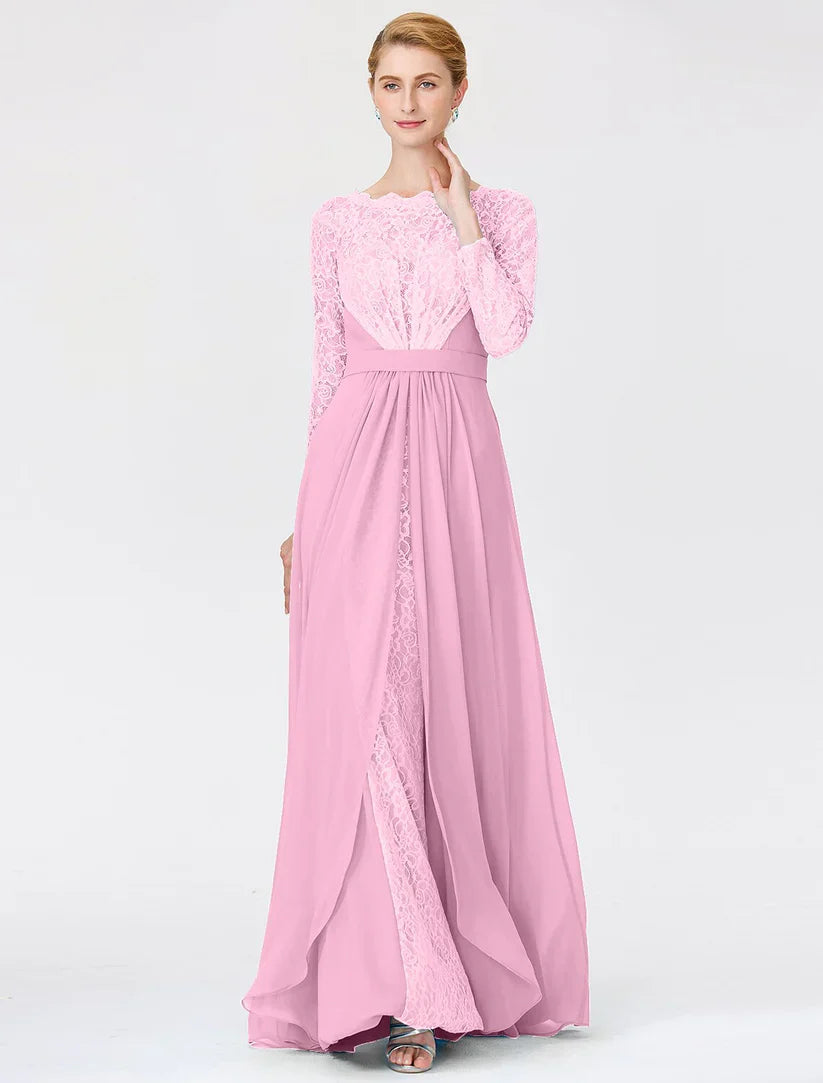 A-Line Ball Gown Scoop Neck Floor Length Chiffon Lace Mother of the Bride Dress with Sash