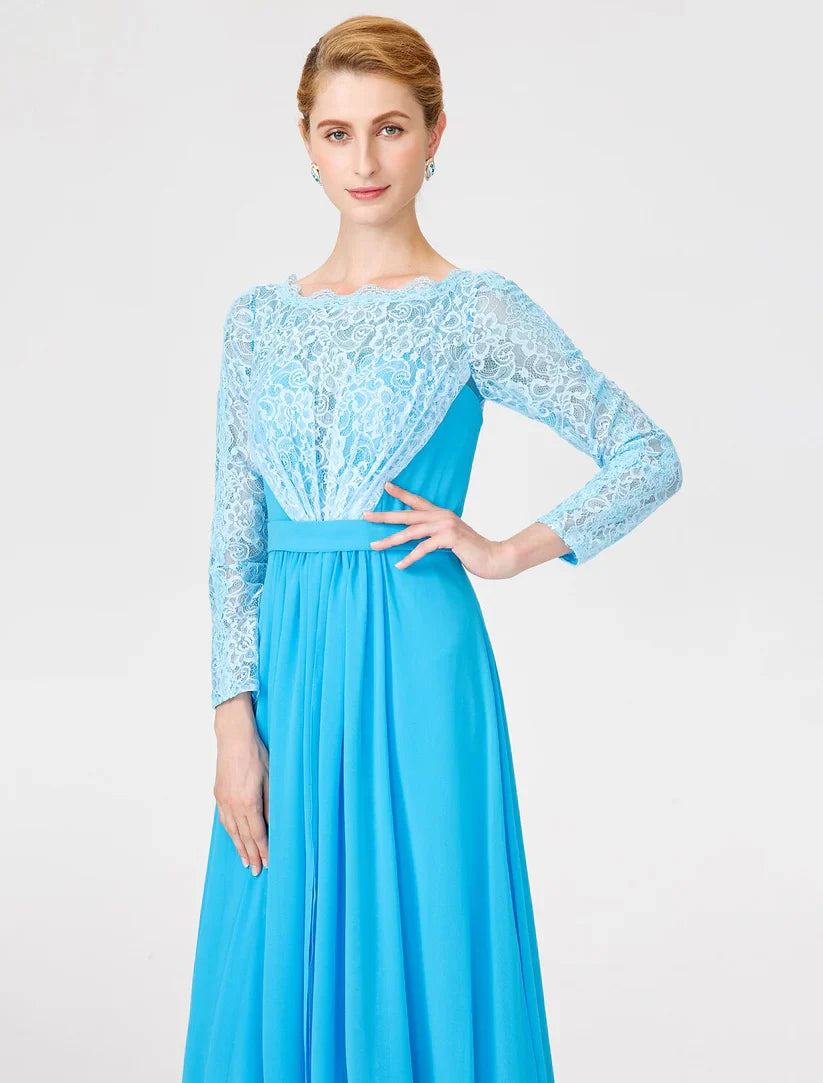 A-Line Ball Gown Scoop Neck Floor Length Chiffon Lace Mother of the Bride Dress with Sash