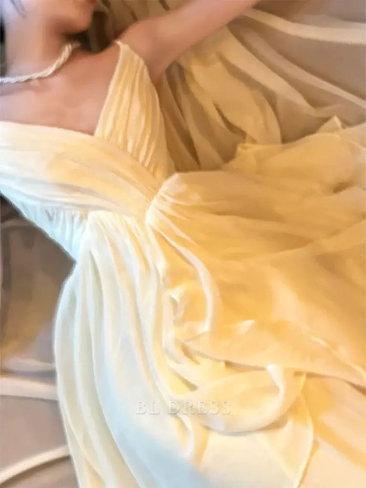 A Line Spaghetti Straps Ivory Chiffon Long formal dresses Bridesmaid Dresses evening gown Prom Dress