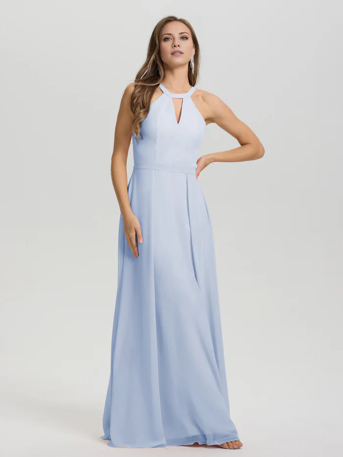 A-line keyhole collar sleeveless chiffon and floor length bridesmaid dress