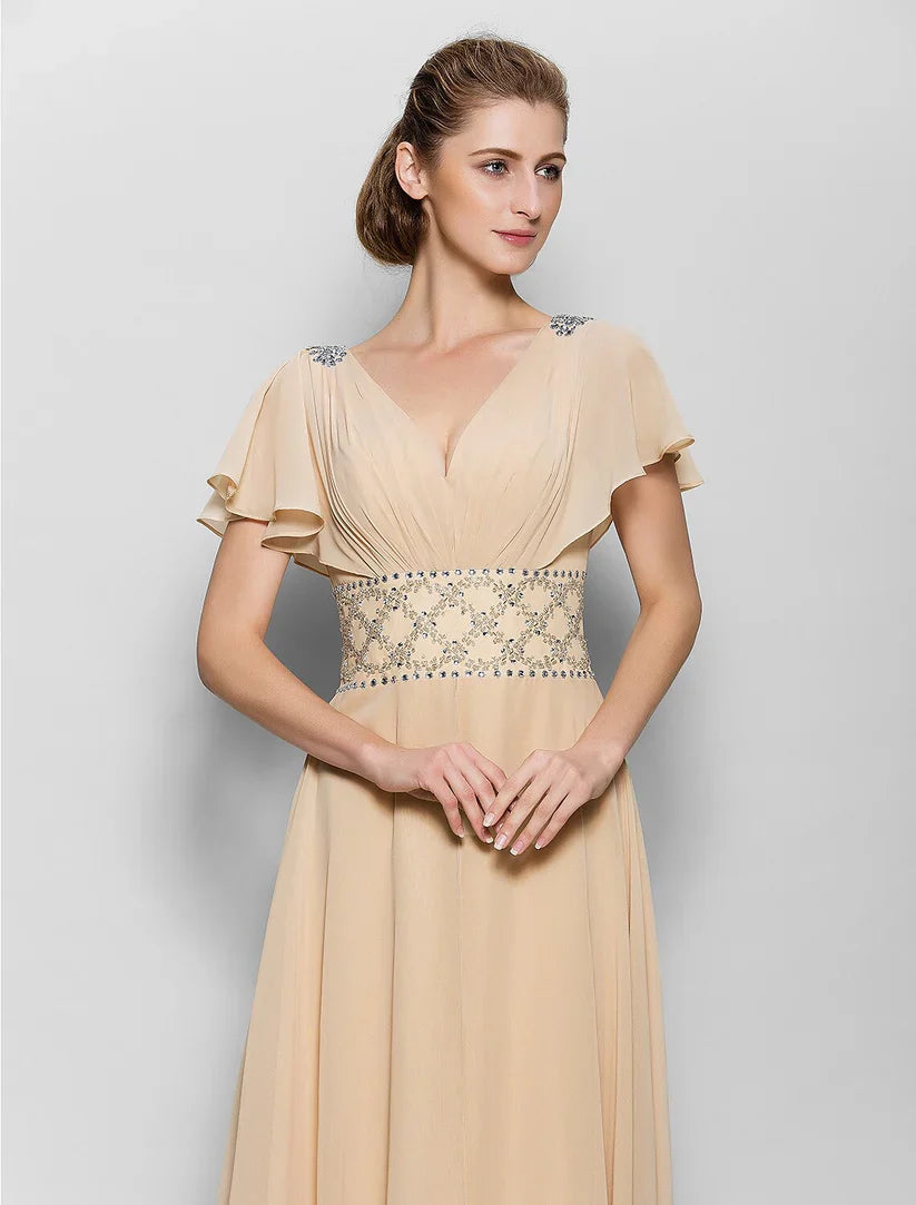 A-Line Mother of the Bride Dress Beautiful Back V Neck Floor Length Chiffon Short Sleeve No with Criss Cross Beading