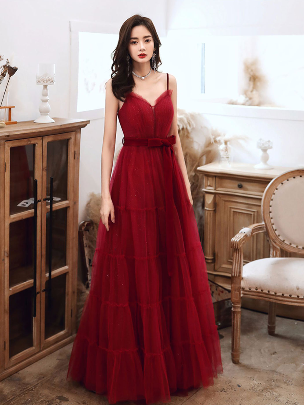 A-Line Burgundy Tulle Long Prom Dresses, Burgundy Formal Evening Dresses