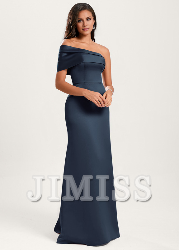 A-line asymmetric neckline floor-length satin bridesmaids dress