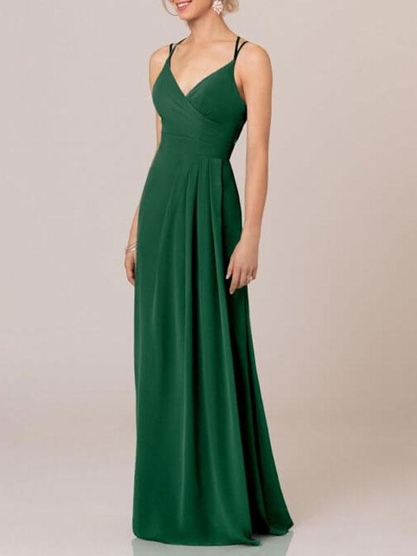 A Line V Neck Sleeveless Backless Pleated Chiffon Floor Length formal dresses evening gown Bridesmaid Dresses