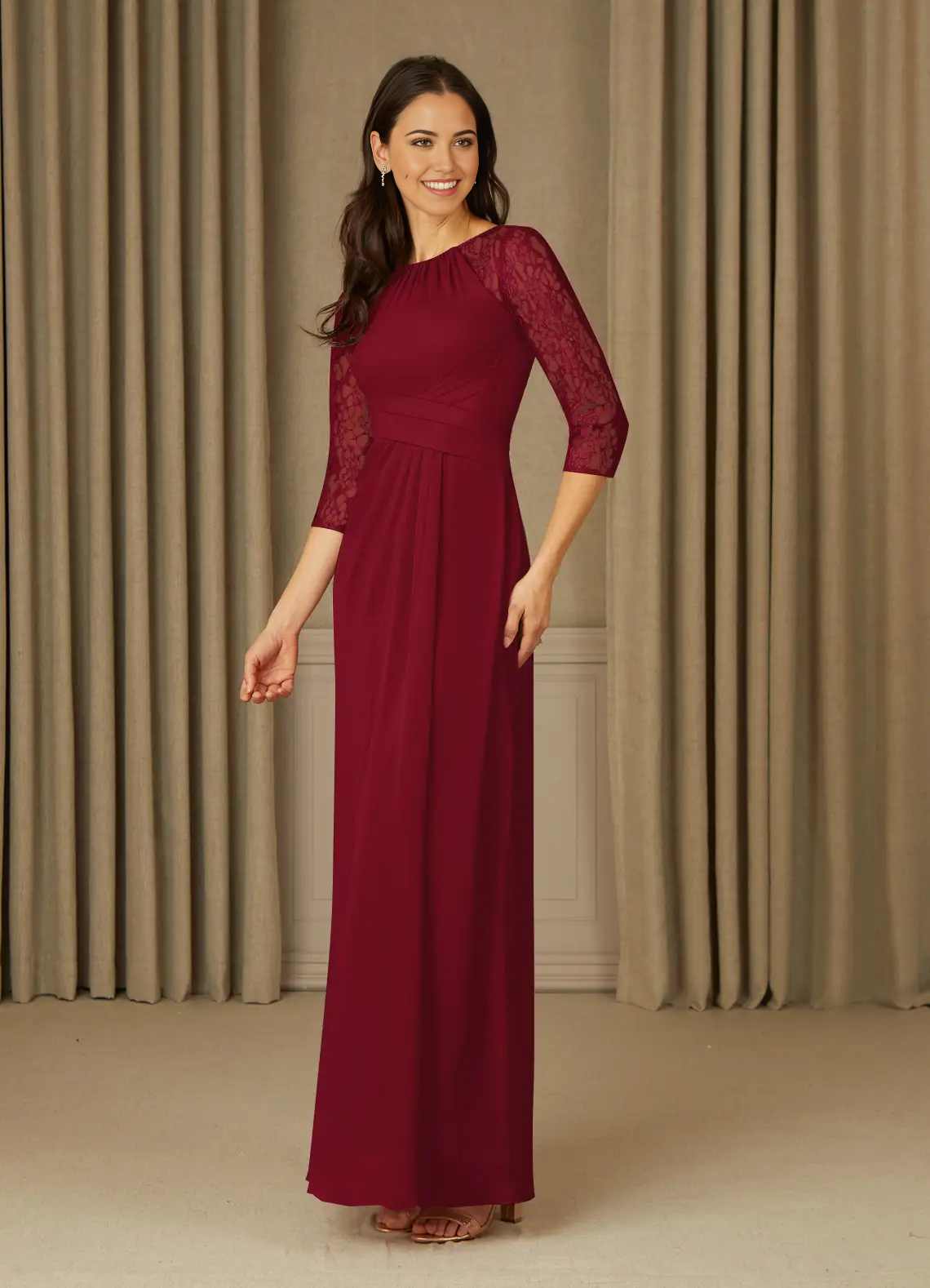 A-Line 3/4 Length Sleeve Lace Chiffon Burgundy formal dresses evening dress Mother of the Bride Dresses
