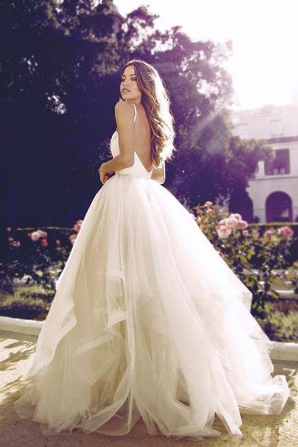 A-line Glamorous Straps Ivory Backless Tulle Ball Gowns Wedding Dresses
