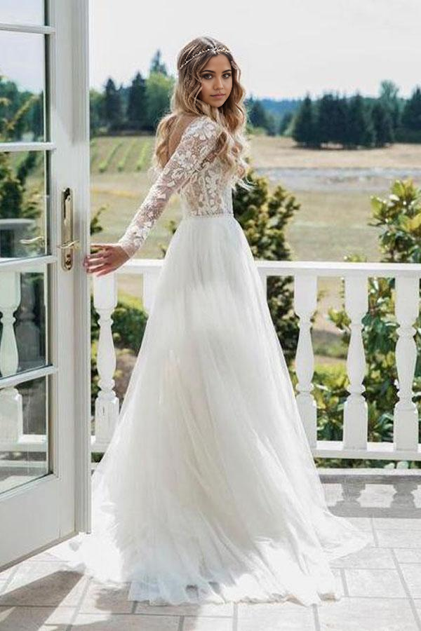 A-line Long Sleeve Ivory Tulle See Through Backless Wedding Dresses