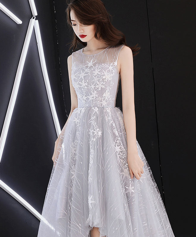 A line Hight Low Lace Prom Dresses, Gray Tulle Homecoming Dresses