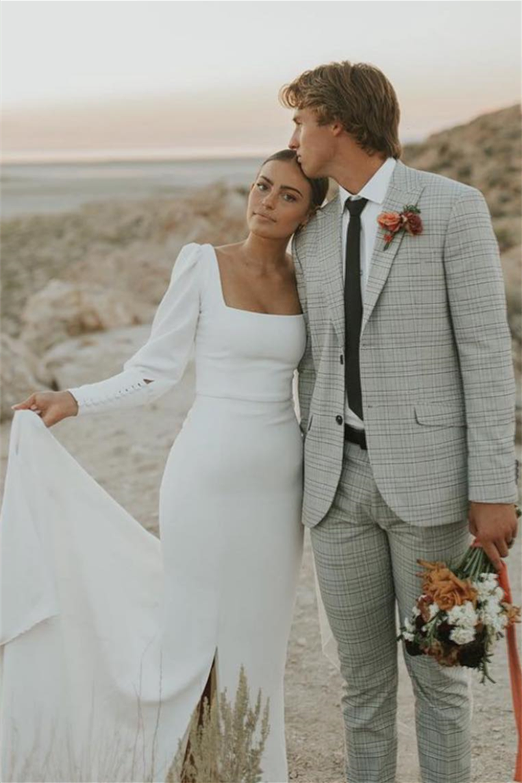 White Mermaid Sleeves Square Neck Long Wedding Dress with Slit