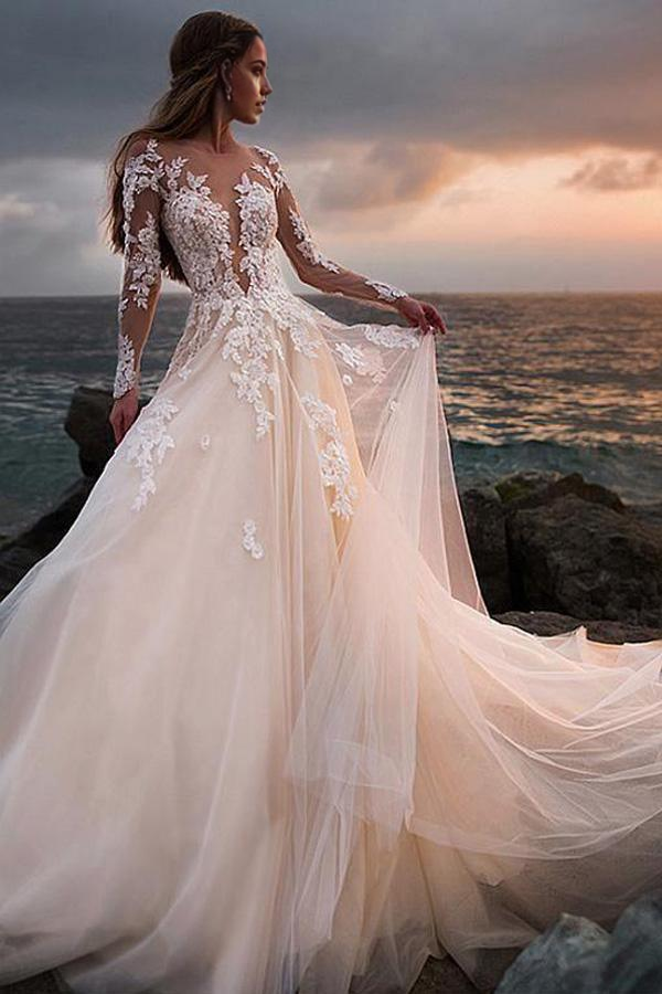 A-line Beach Ivory Tulle Wedding Dress with Illusion Lace Long Sleeves