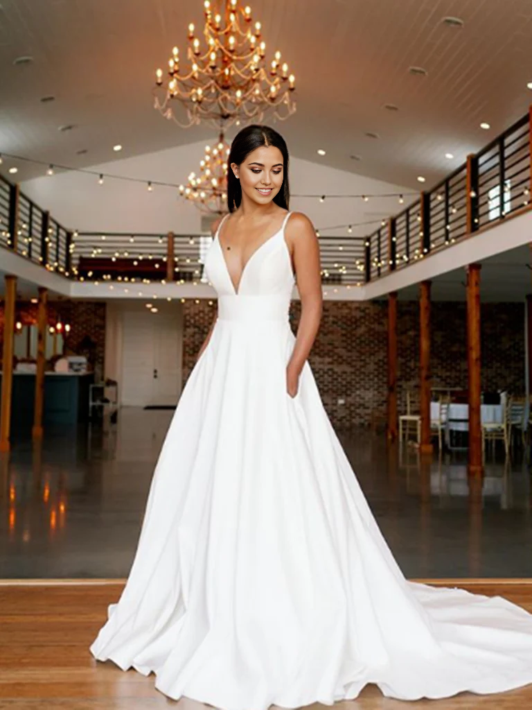 A Line V Neck Lace White Long Evening Dresses Wedding Dresses