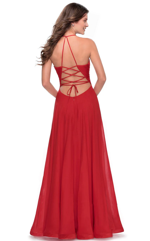 A-line deep V-shaped heart-shaped neckline tight fitting corset with side slits and floor length evening dress