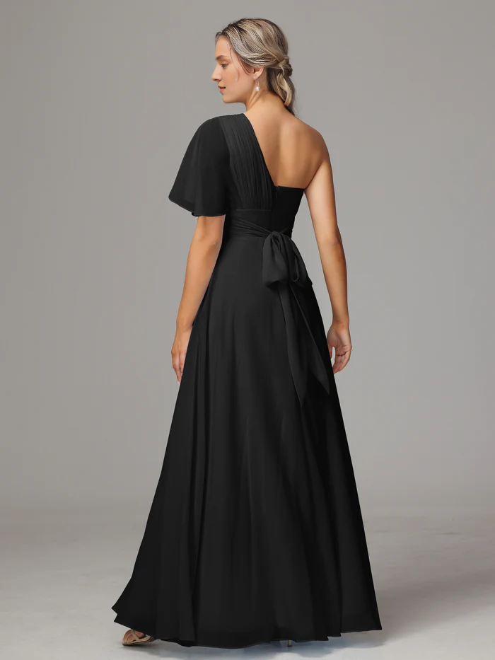 A shoulder slit chiffon bridesmaid dress