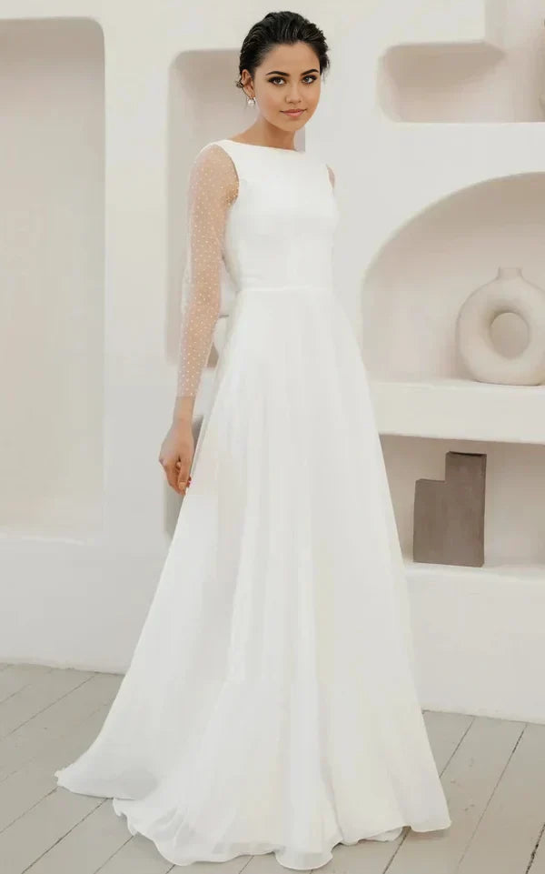 A-Line Chiffon Minimalist Sleeved Pearl Button Low Back Bridal Gown Wedding Dress