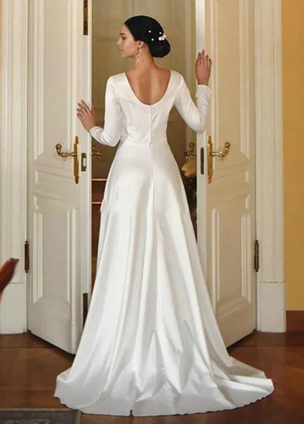 A-Line Bateau Neckline Long Sleeves Vintage Satin Bridal Gown Wedding Dresses