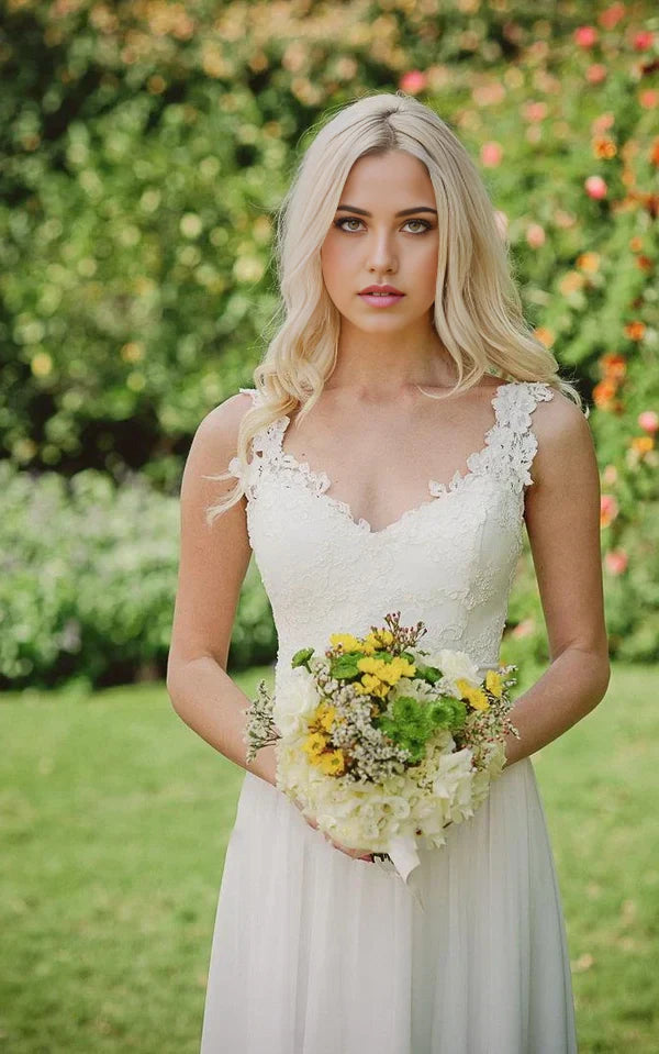 A-line Chiffon Lace Weddig Dress With Beading Flower