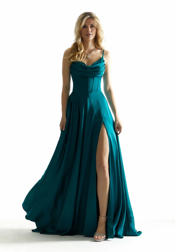 A-line hanging satin collar and floor length evening gown