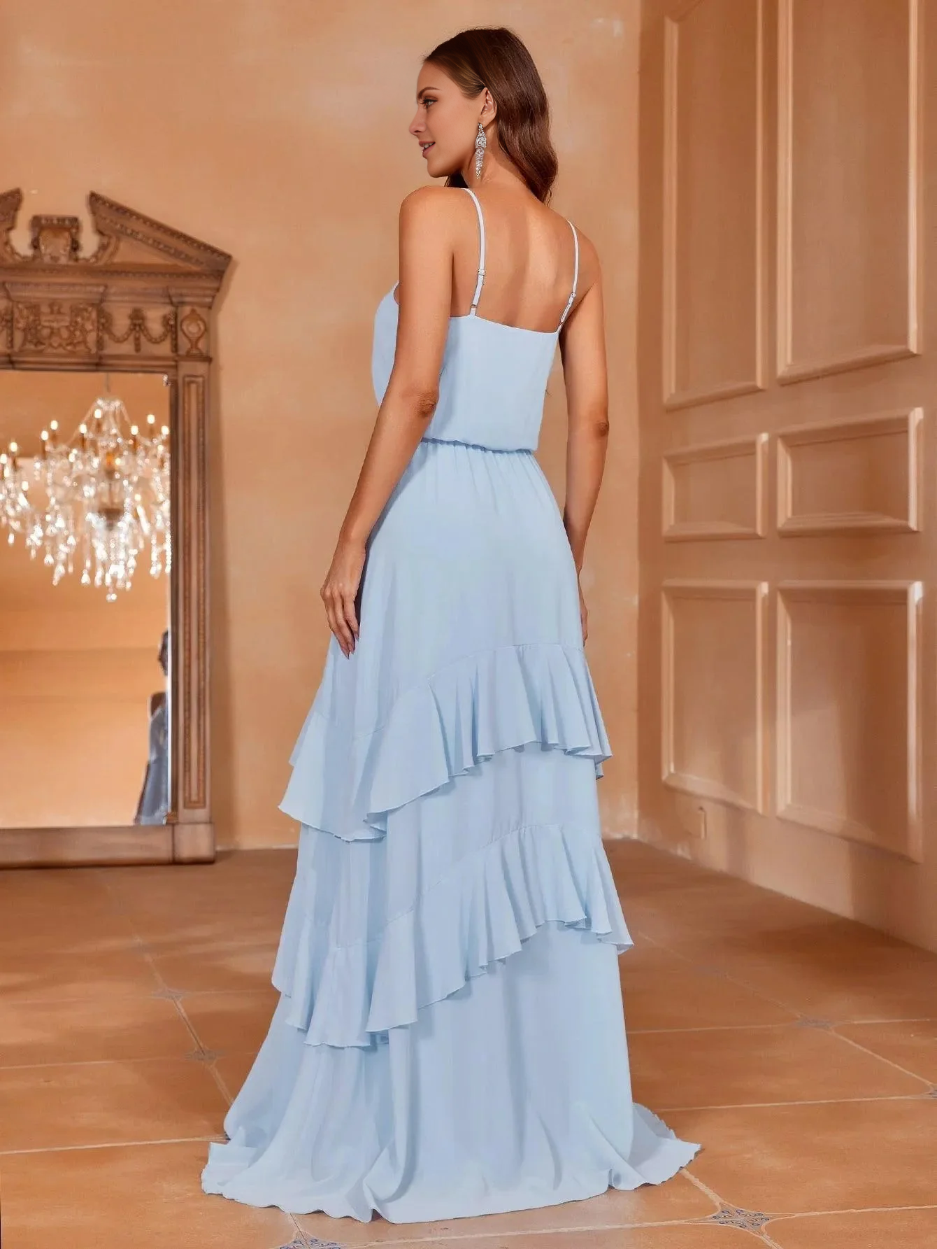 A-line layered hem chiffon thin shoulder strap and floor length formal dress