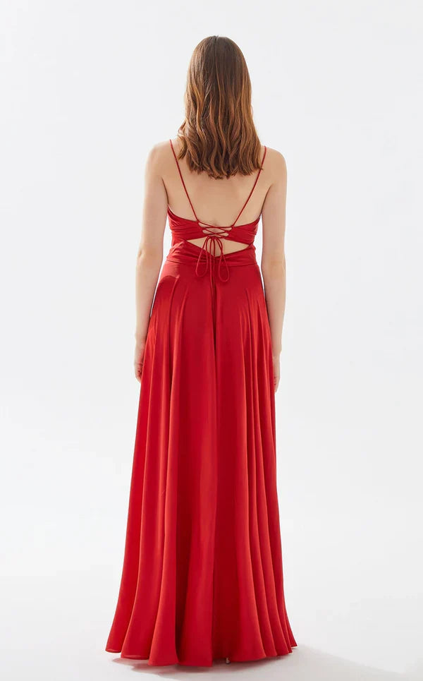 A-line deep V-neck thin shoulder strap and floor length evening dress