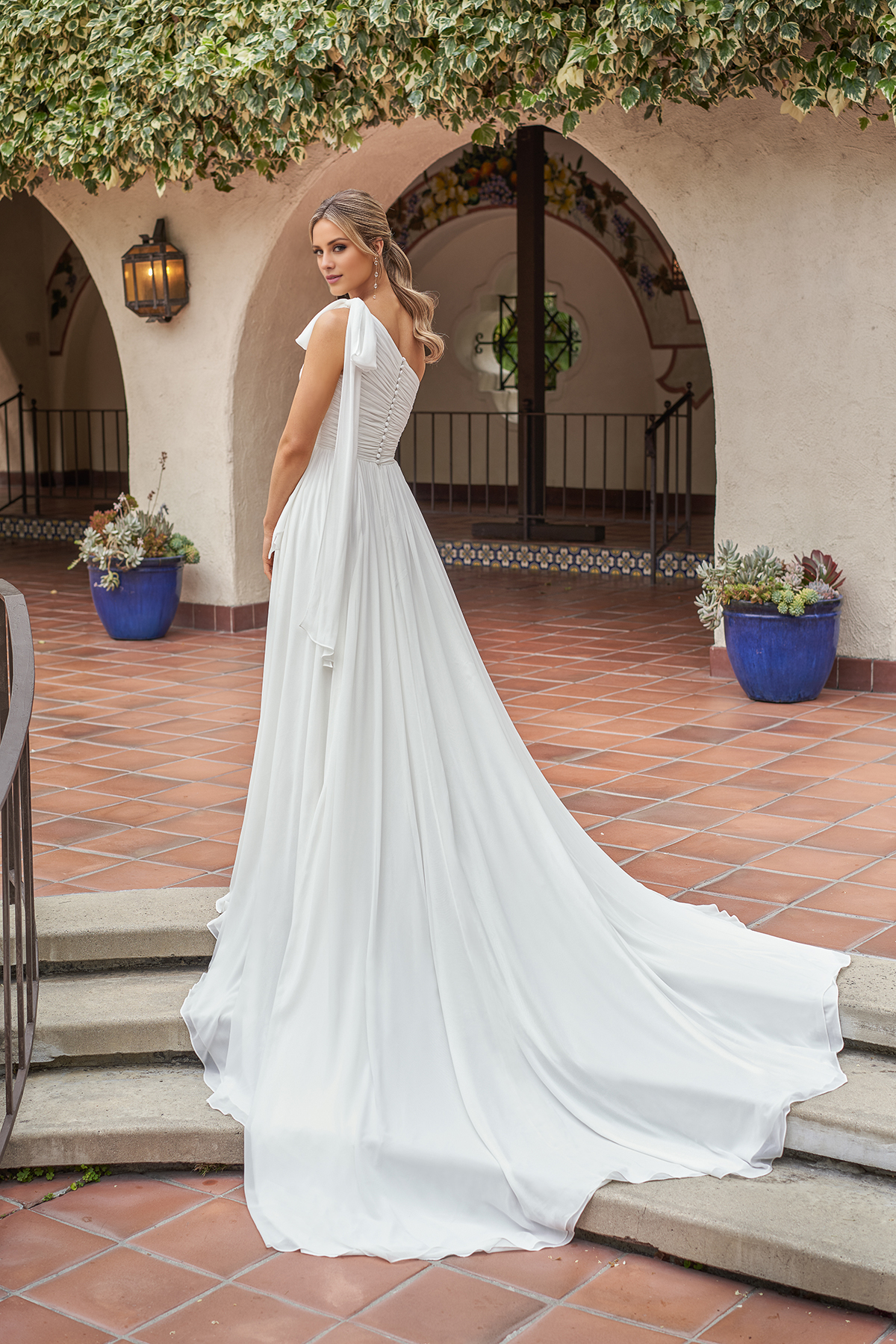 A-line crepe low round neck exquisite thin shoulder strap and floor length wedding dress