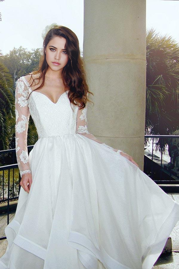 A-line Glamorous V Neck Long Sleeves Lace Organza Wedding Dresses