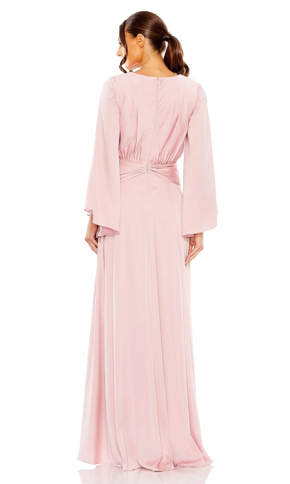 A-line long sleeved V-neck satin and floor length Prom dress