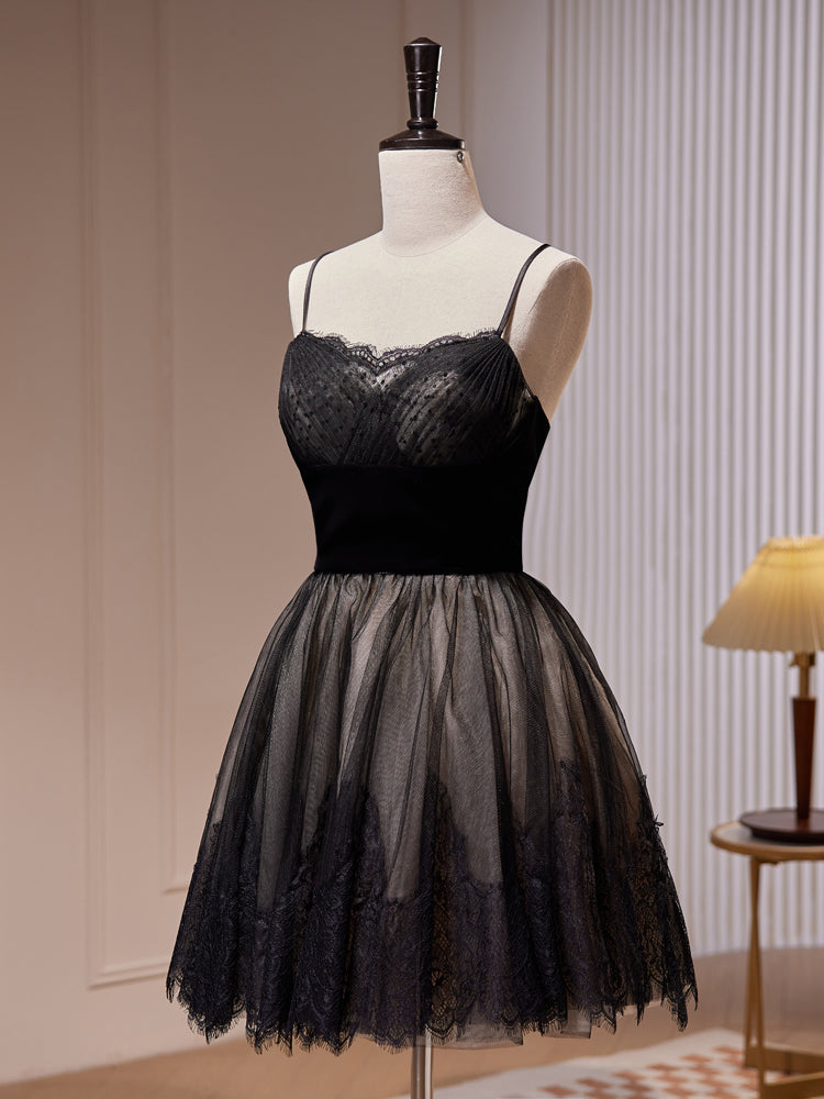 A-Line Lace Tulle Black Short Prom Dress, Black Homecoming Dress