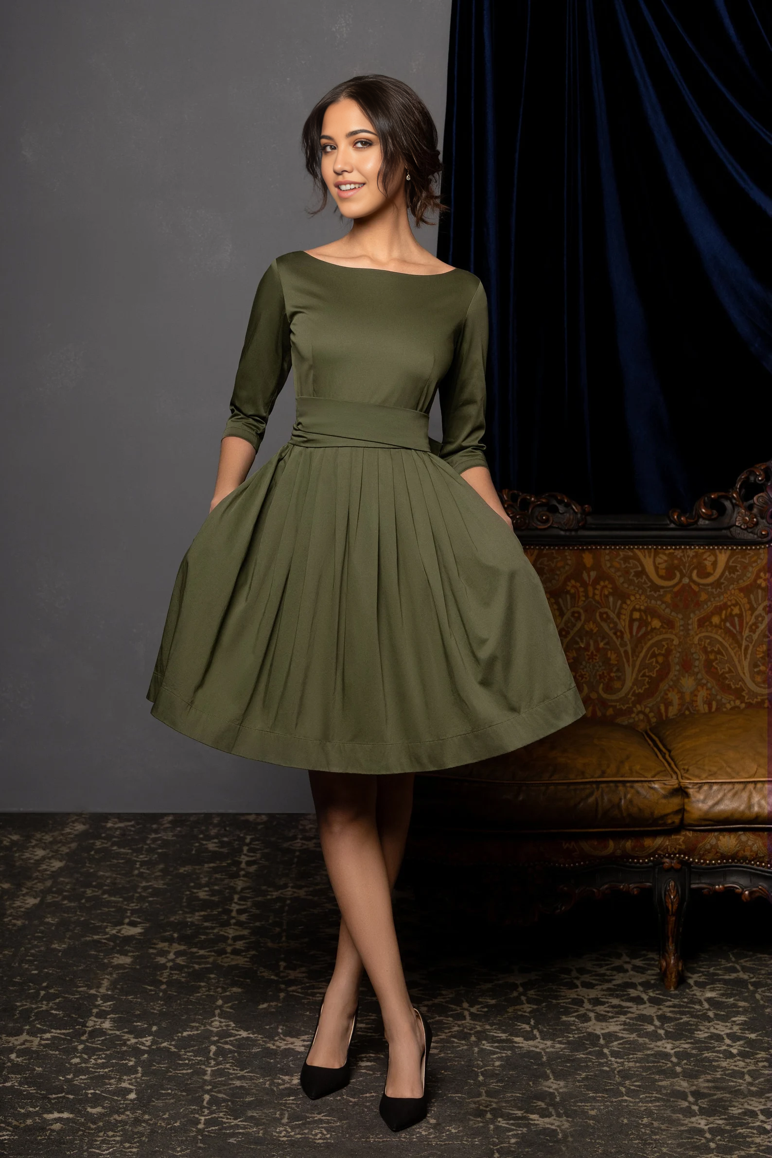 A-line 1950s elegance Crew Neck 3/4 Sleeve Bridesmaid Dress Formal Dresses for Wedding Guest Cocktail Dress Mother of the Bride Dresses