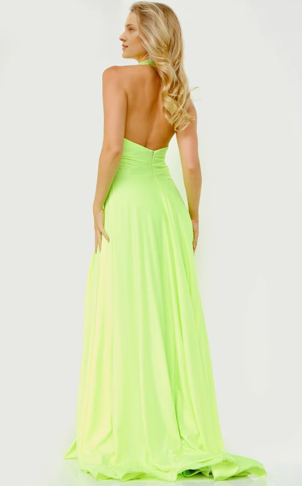 A-line hanging neck deep V-neck exposed back and floor length evening dress