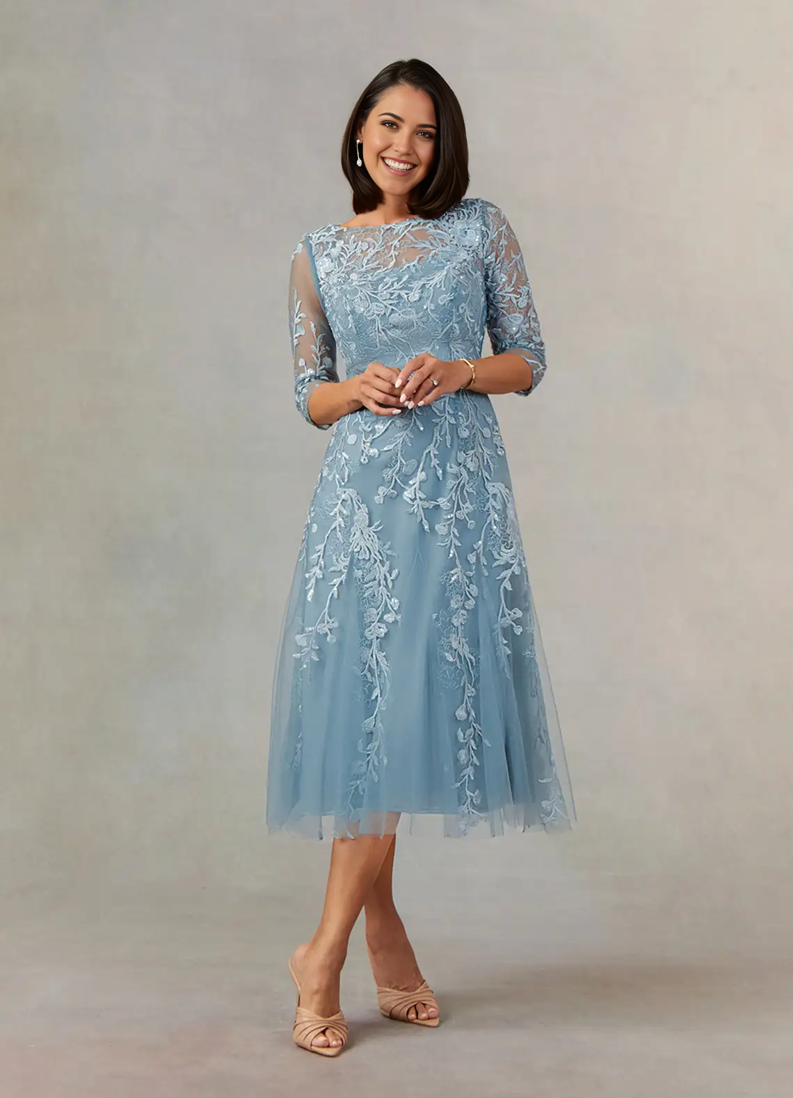 A-Line Boatneck Lace Dusty Blue formal dresses evening dress Mother of the Bride Dresses
