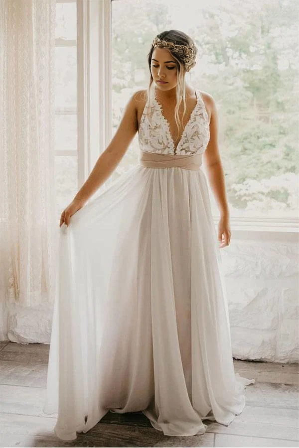 A-line Deep V-Neck Elegant Criss Cross Wedding Dress with Waistband