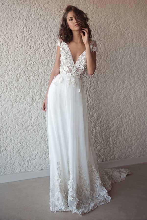 A-line Ivory Cap Sleeve See Through Wedding Dresses Beach Bridal Dress