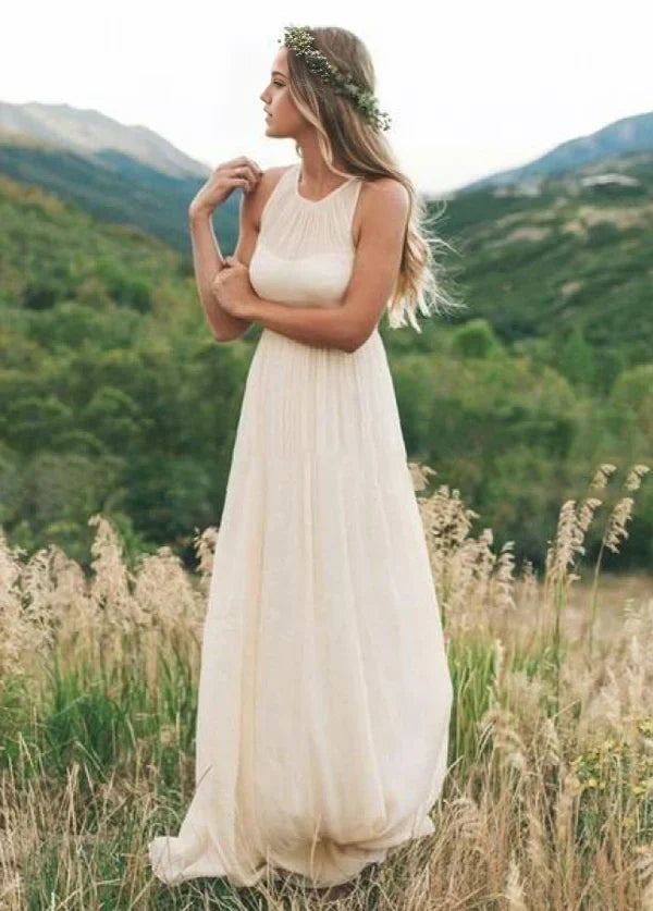 A Line Chiffon Elegant Bohemian Sleeveless Long Wedding Dresses