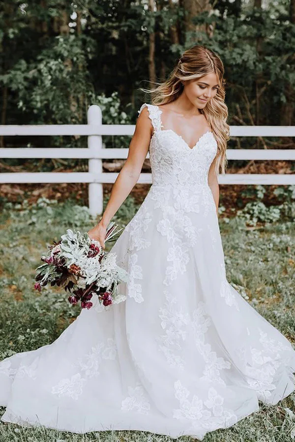 A-line Beautiful Lace Tulle V-neck Forest Wedding Dress
