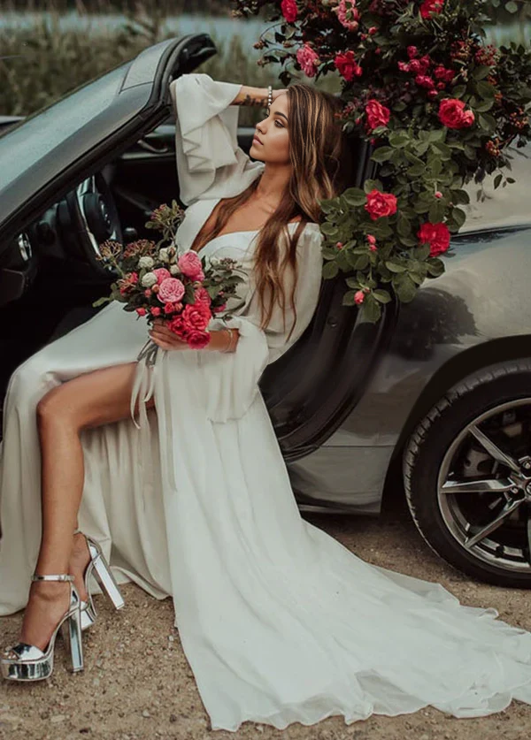 A-Line Beach V-Neck Long-Sleeve High Slit Romantic Chiffon Wedding Dresses