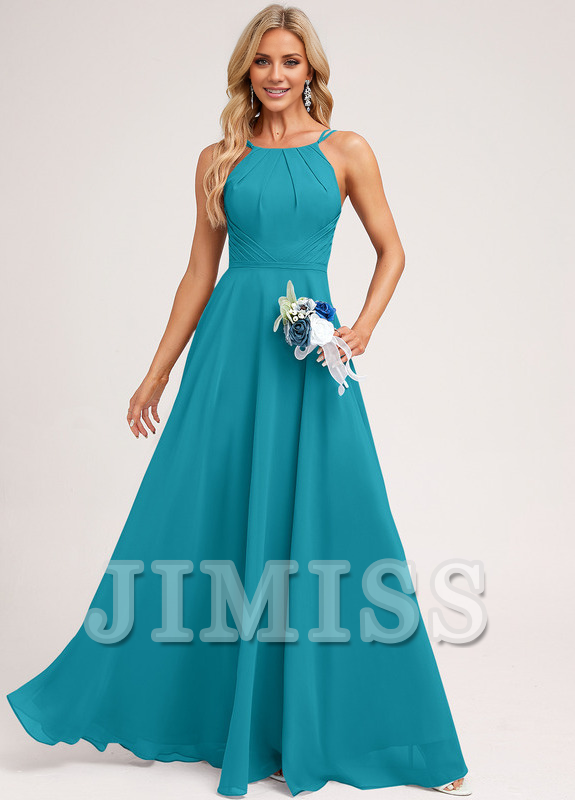 A-Line Halter Neck Floor Length Chiffon Bridesmaids Dress