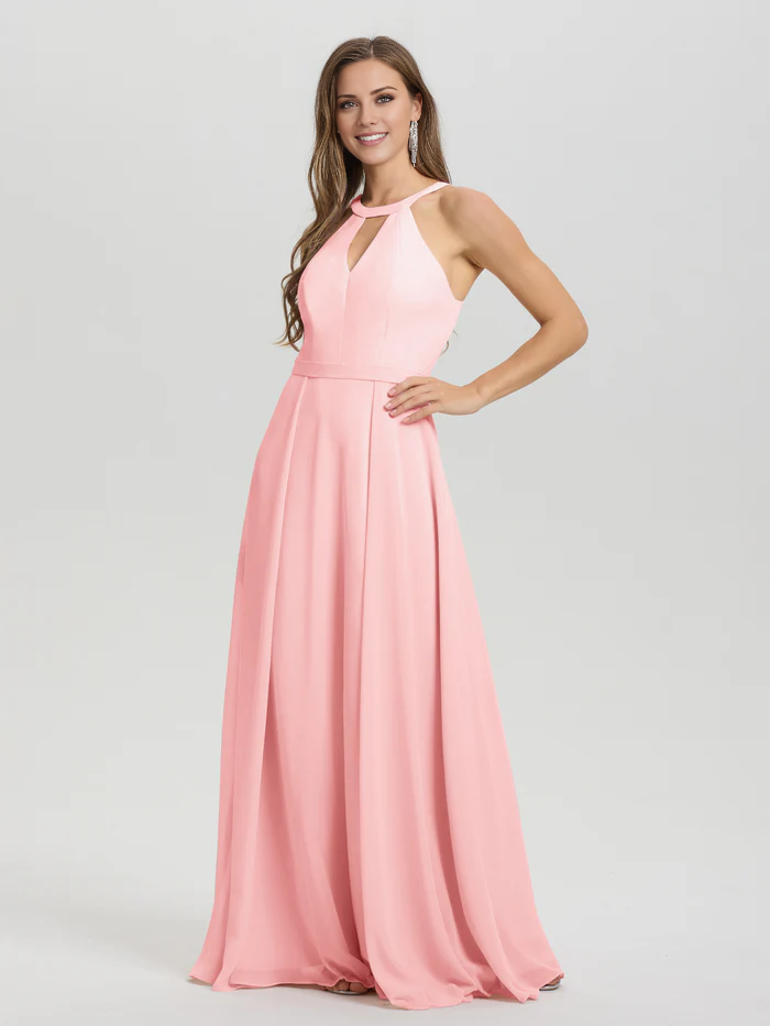 A-line keyhole collar sleeveless chiffon and floor length bridesmaid dress