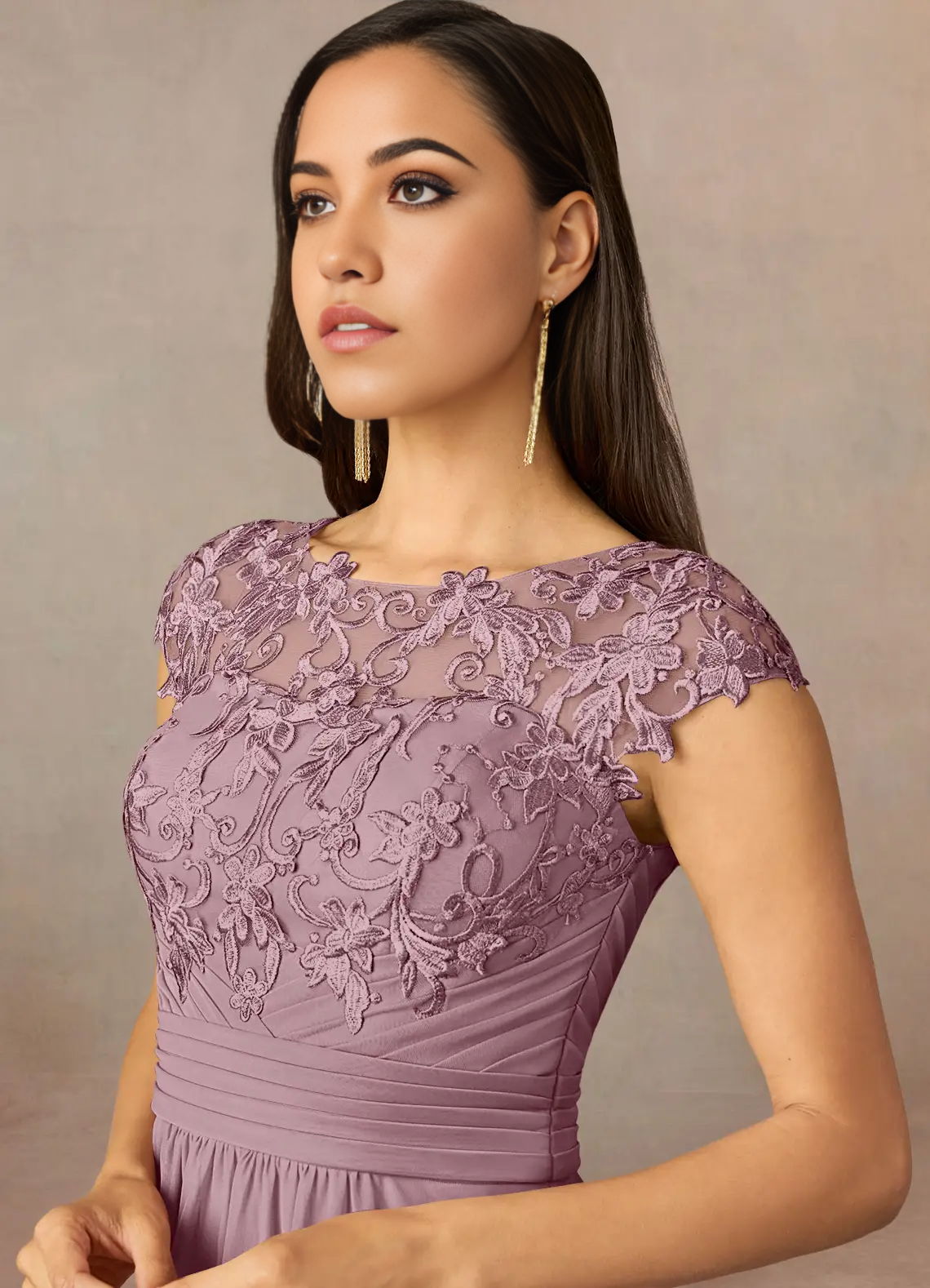 A-Line Crew Neck Lace Dusty Rose formal dresses evening dress Mother of the Bride Dresses