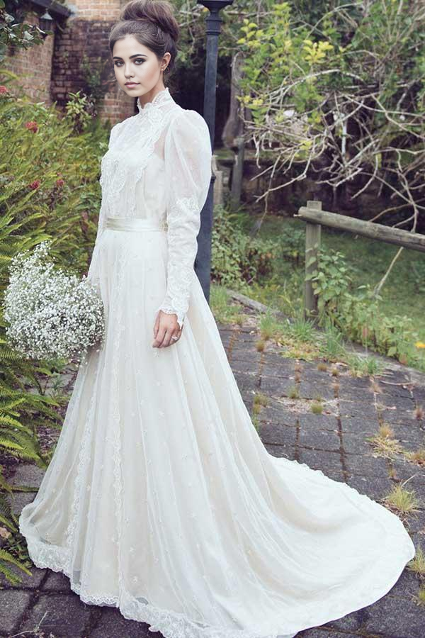 A-Line High Neck Long Sleeves Lace Wedding Dress with Appliques