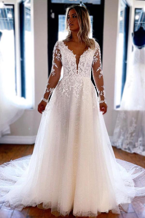 A Line V Neck Elegant Lace Long Sleeves Wedding Dresses