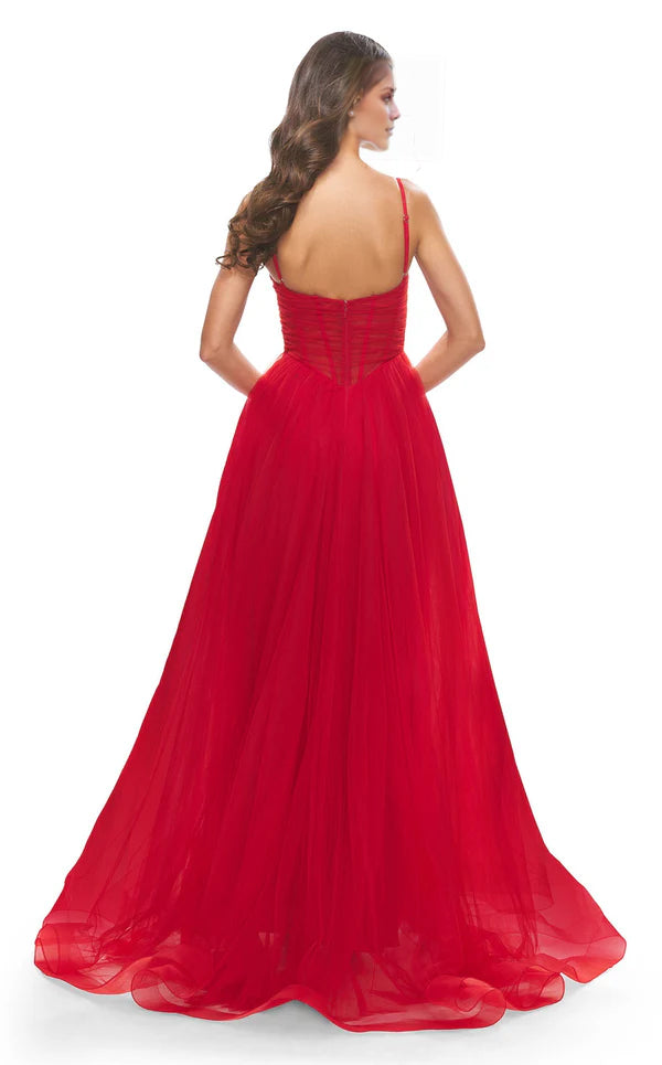 A-line deep V-neckline tight corset with thin shoulder straps sheer and floor length prom ress