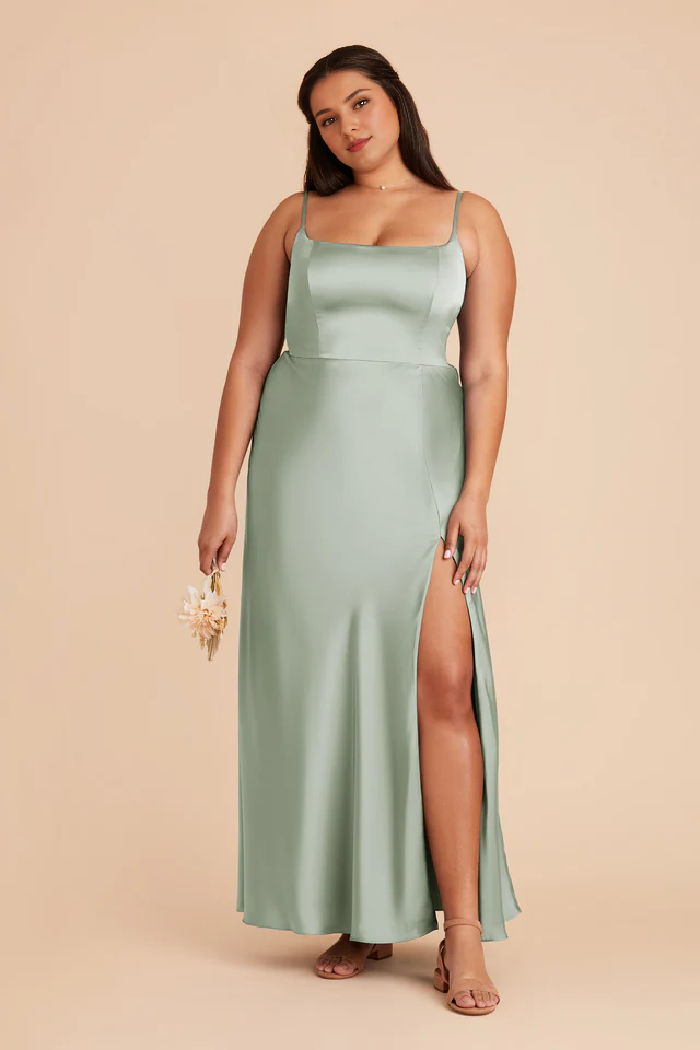 A-line front slit spoon neck satin bridesmaid dress