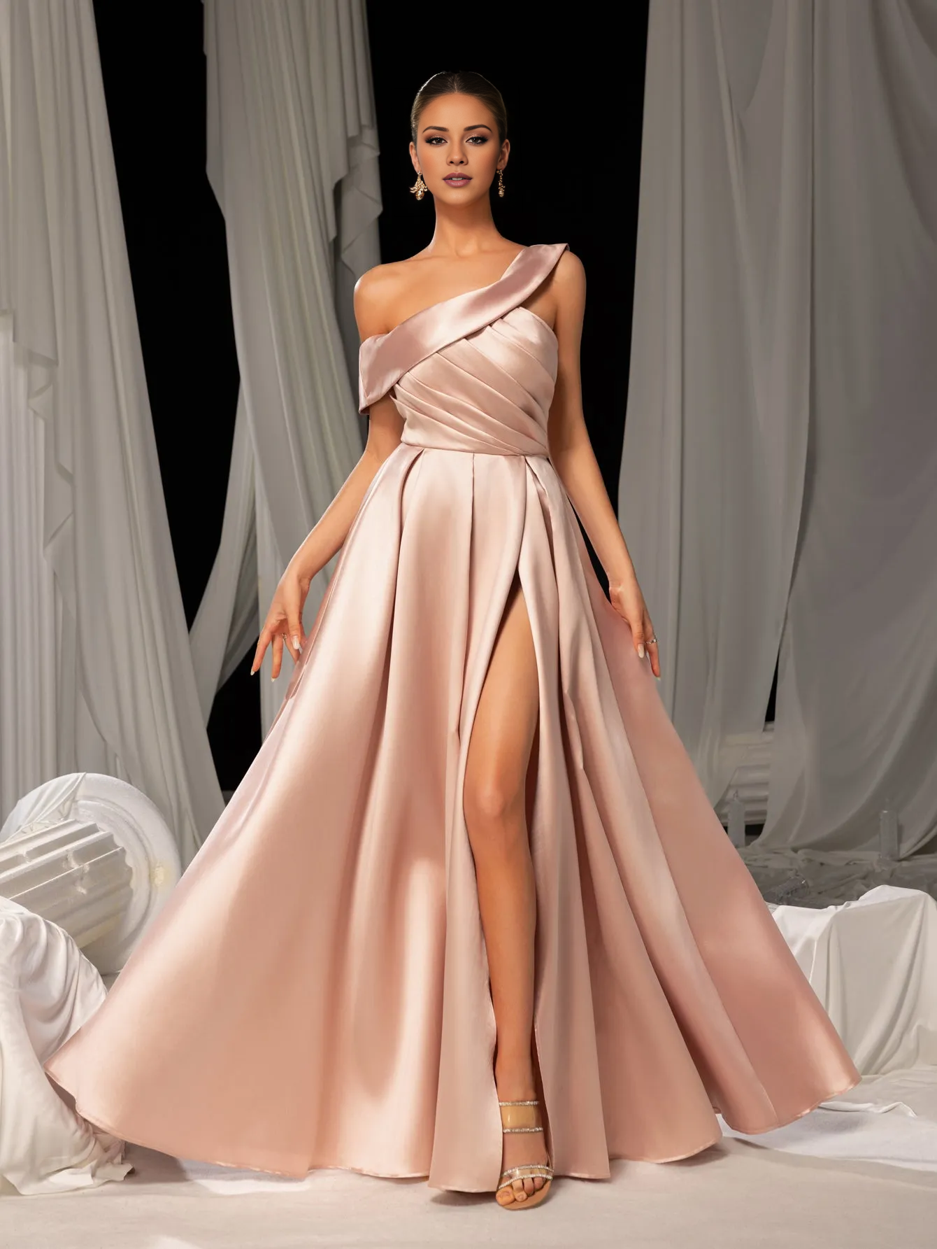 A-line asymmetrical collar satin side slit and floor length Prom Dress - LD Dress