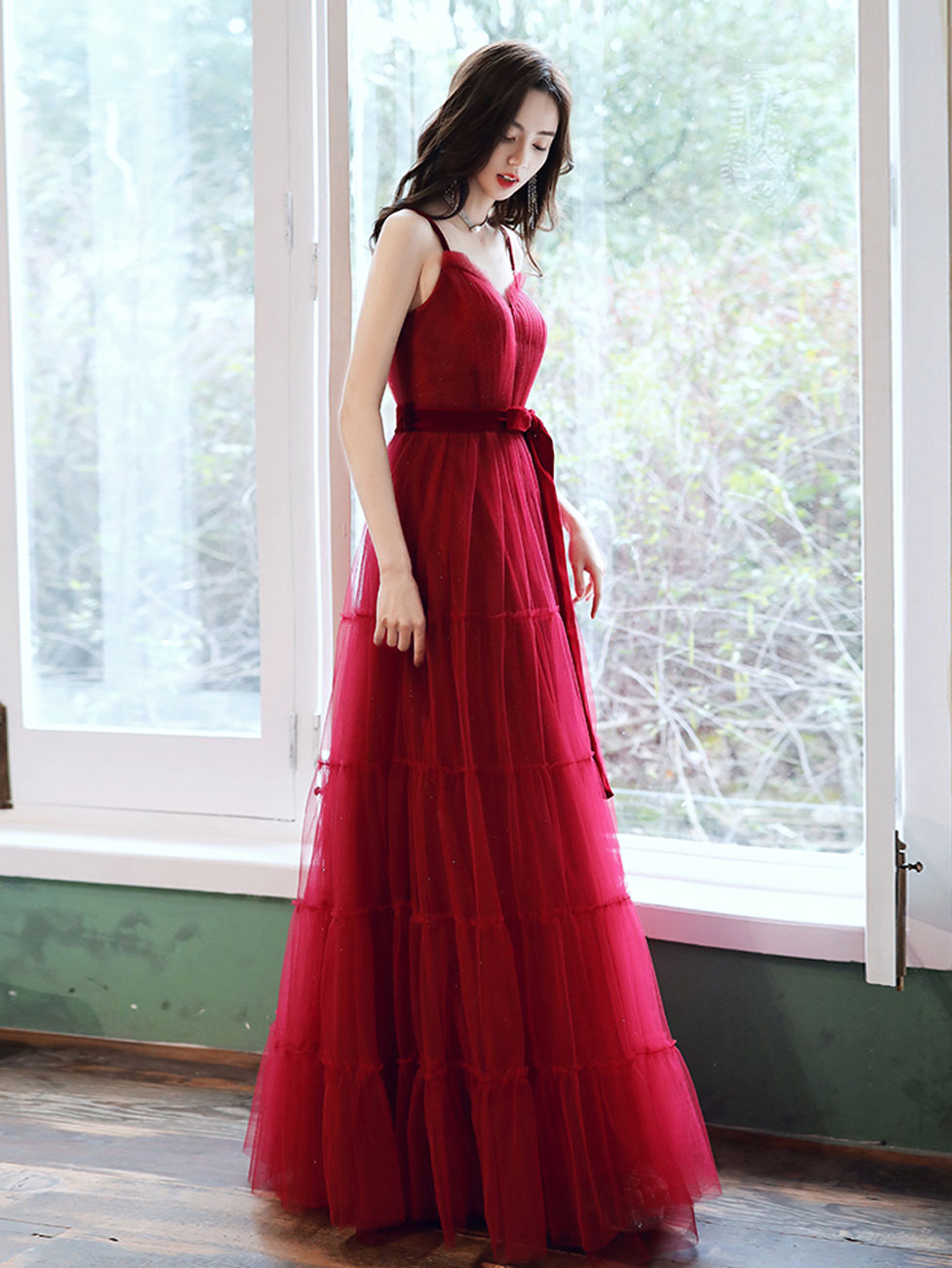 A-Line Burgundy Tulle Long Prom Dresses, Burgundy Formal Evening Dresses