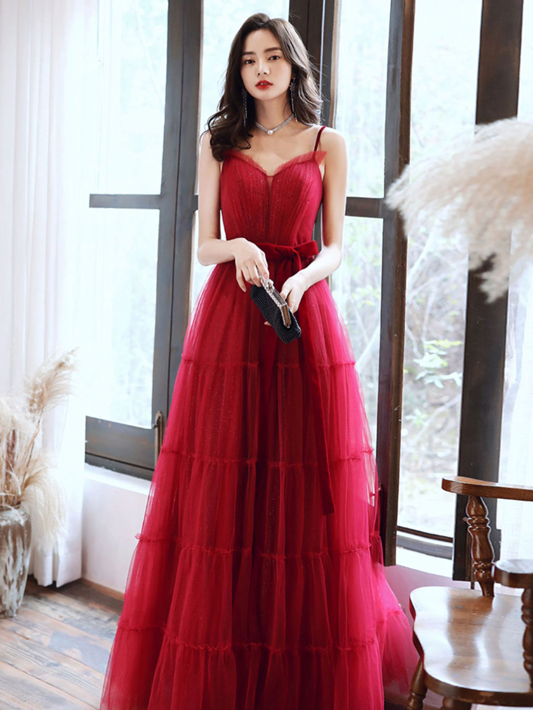 A-Line Burgundy Tulle Long Prom Dresses, Burgundy Formal Evening Dresses